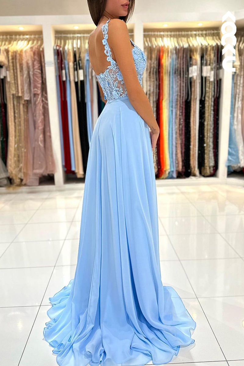 L2461 - Gorgeous & Charming Illusion Straps A-line Slit Formal Party Prom Dress With Applliques