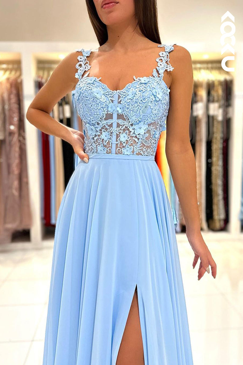 L2461 - Gorgeous & Charming Illusion Straps A-line Slit Formal Party Prom Dress With Applliques