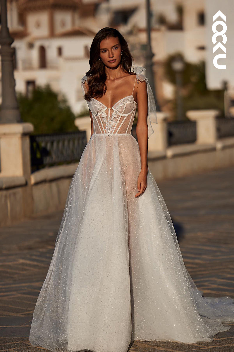 K2018 - Couture & Ornate Spaghetti Straps V-Neck A-Line Tulle Wedding Dress