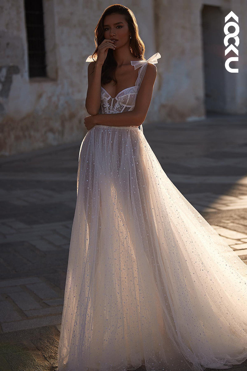 K2018 - Couture & Ornate Spaghetti Straps V-Neck A-Line Tulle Wedding Dress