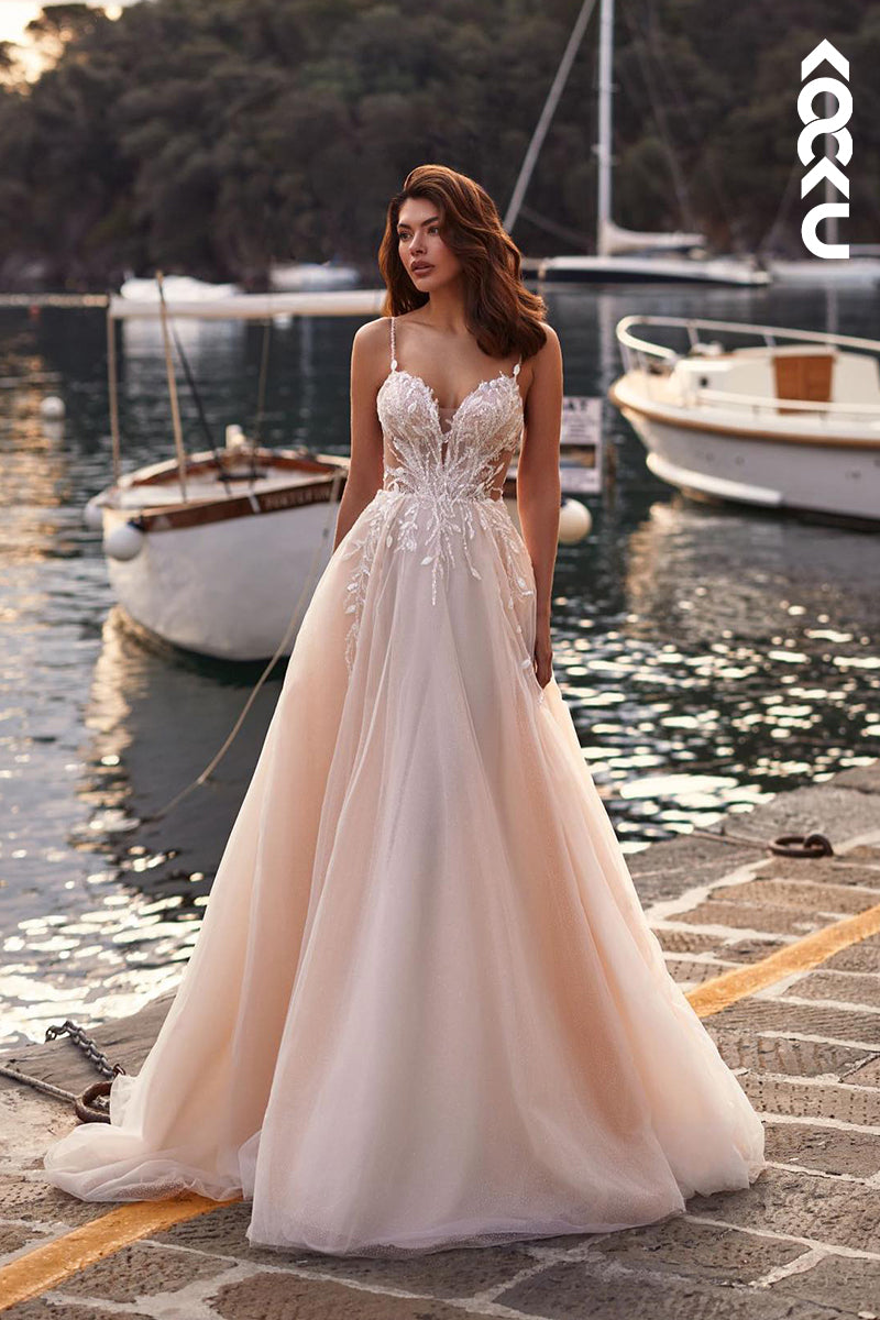 K1911 - Classic & Timeless Spaghetti Straps V-Neck A-Line Tulle Wedding Dress With Applique