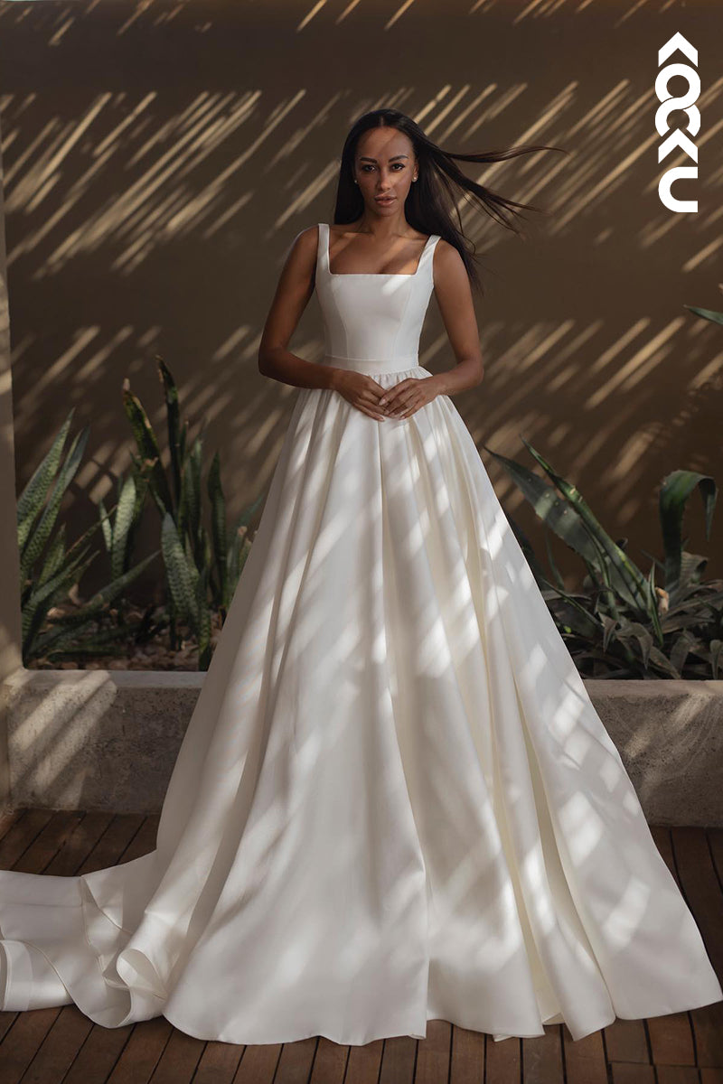 K2045 - Simple & Casual Straps Square A-line Satin Wedding Dress