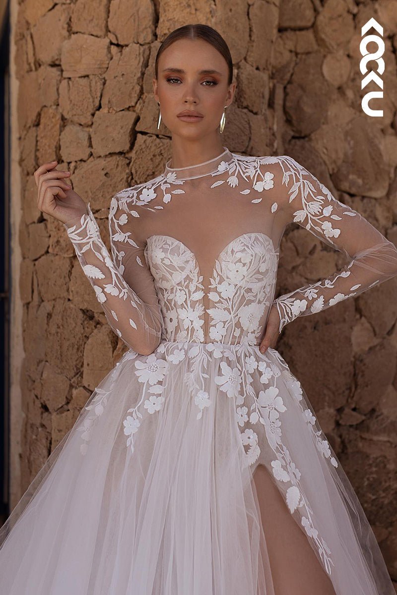 K2009 - Glamorous & Dramatic Illusion Off-Shoulder Lace Applique A-line Tulle Wedding Dress With Slit