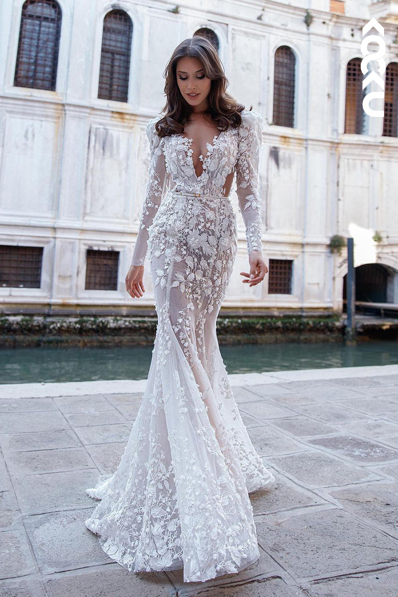 K1939 - Gorgeous & Charming Long Sleeves V-neck Mermaid Wedding Dress With Applique