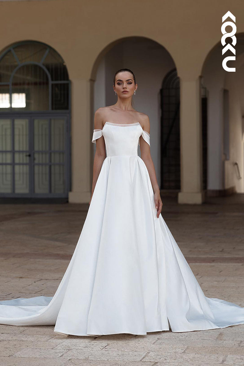 K2010 - Couture & Simple Off-Shoulder Cap Sleeves A-line Satin Wedding Dress