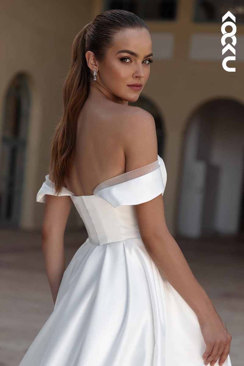 K2010 - Couture & Simple Off-Shoulder Cap Sleeves A-line Satin Wedding Dress