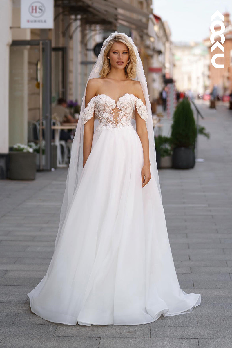 K2040 - Gorgeous & Charming Sweetheart Cap Sleeves A-line Applique Wedding Dress