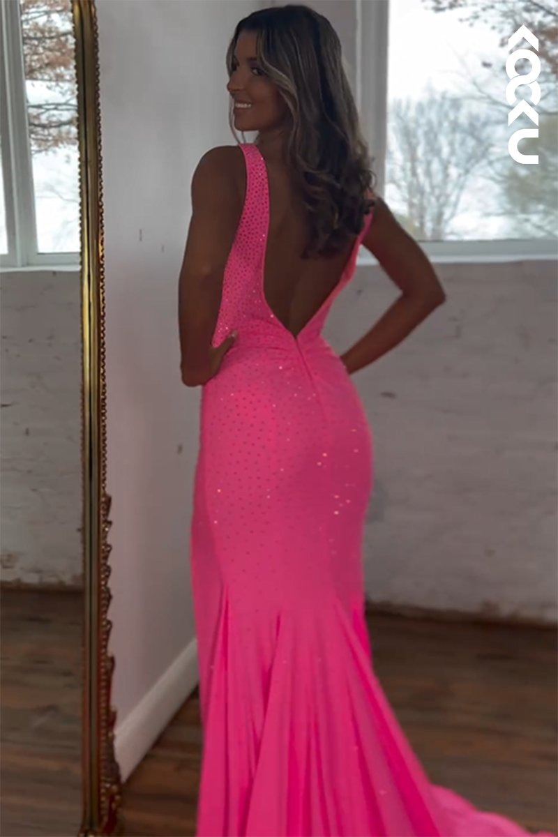 L2565 - Simple & Casual V-neck Sleevless Side Slit Backless Mermaid Evening Formal Prom Dress