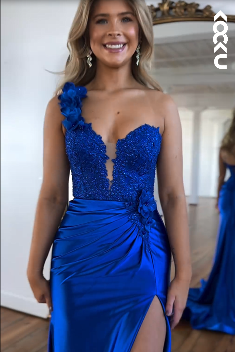 L2563 - Elegant Royal Blue One Shoulder Sleeveless V-neck Side Slit Formal Party ProM Dress