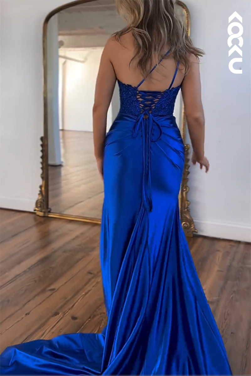 L2563 - Elegant Royal Blue One Shoulder Sleeveless V-neck Side Slit Formal Party ProM Dress