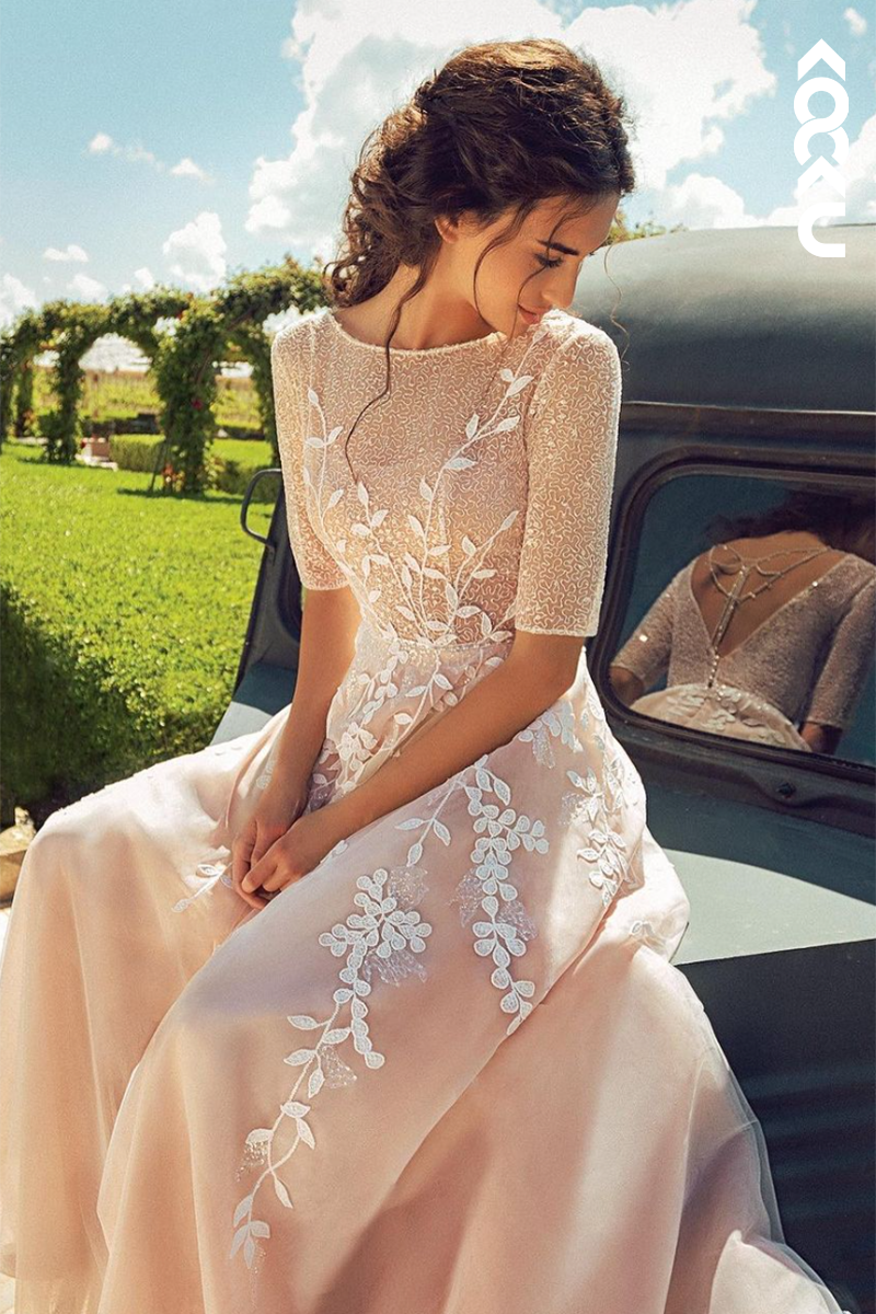 K1949 - Elegant & Luxurious Half Sleeves A-line Appliqued Wedding Dress