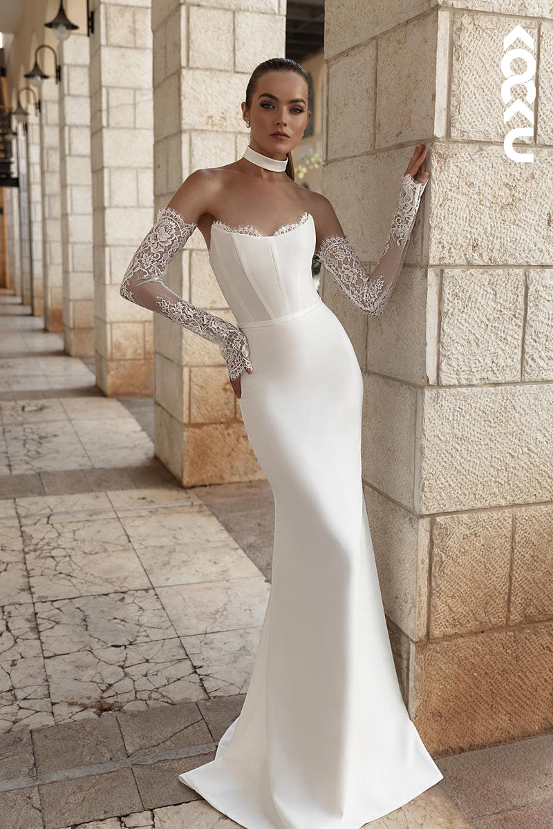 K2015 - Elegant & Luxurious Lace Applique Sleeves Off-Shoulder Sheath Wedding Dress