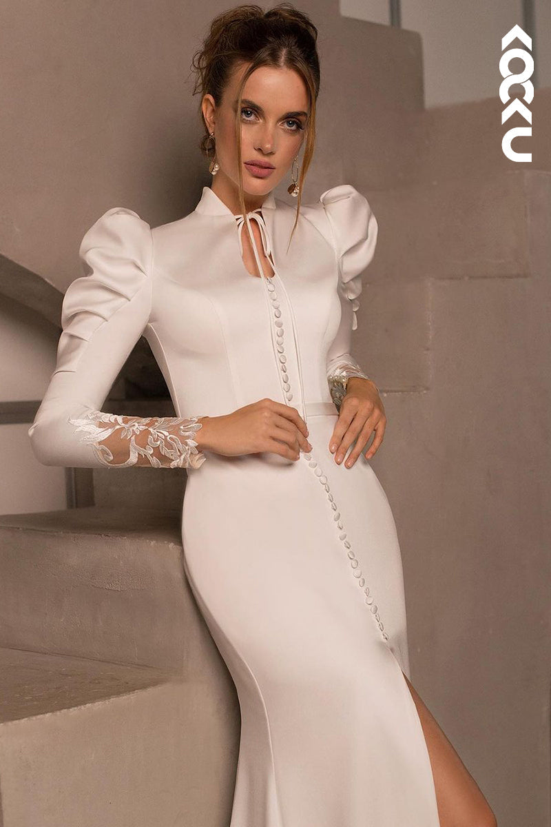 K1948 - Couture & Ornate Long Sleeves Sheath Slit Open Back Wedding Dress