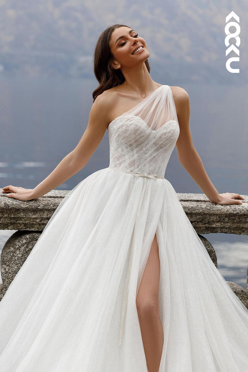 K1940 - Classic & Timeless One Shoulder Sleeveless Side Slit A-line Wedding Dress