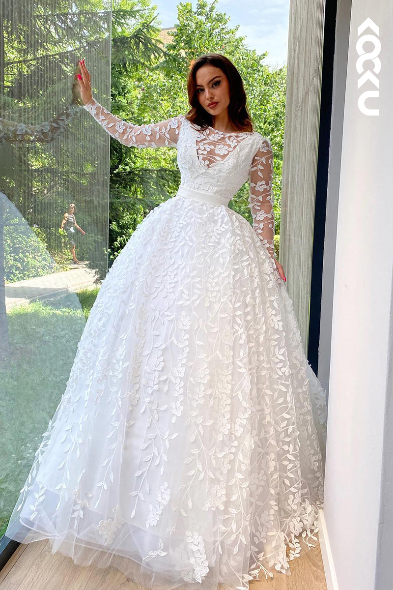 K2073 - Elegant & Luxurious V-Neck Long Sleeves A-Line Applique Wedding Dress