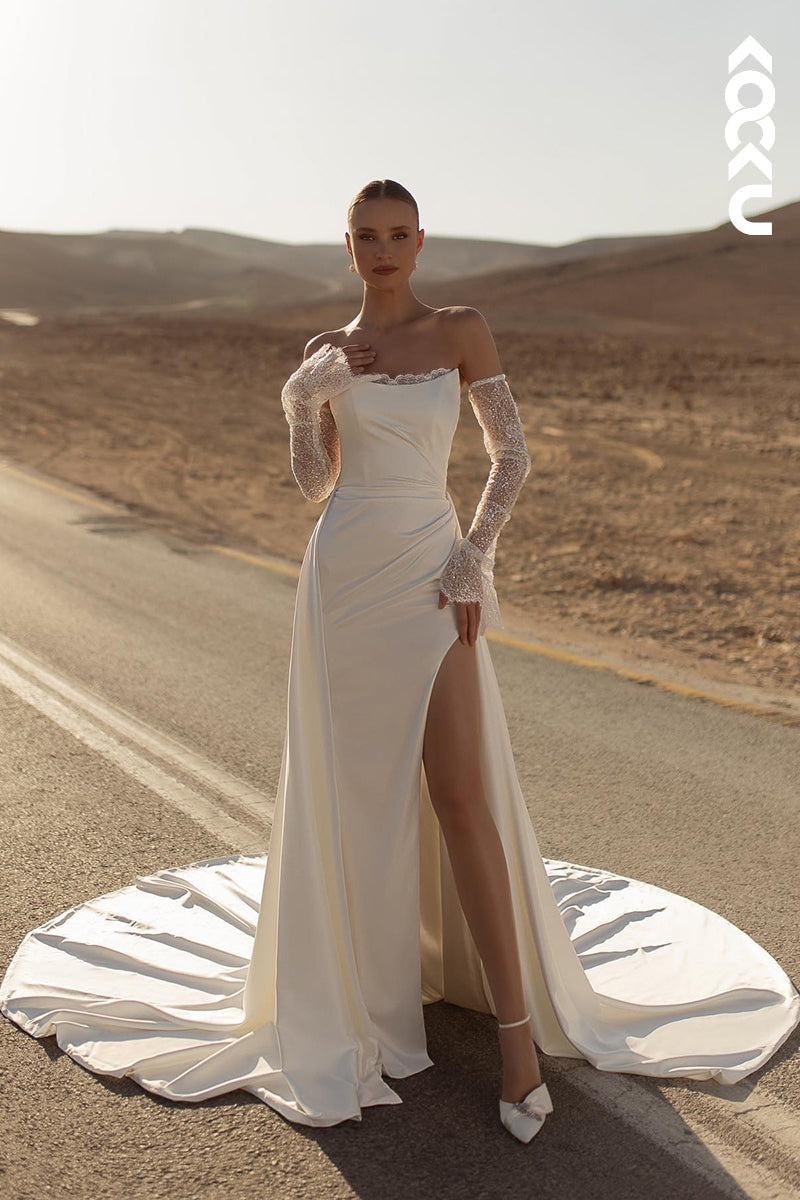 K2013 - Elegant & Charming Lace Applique Sleeves Backless Mermaid Off-Shoulder Wedding Dress