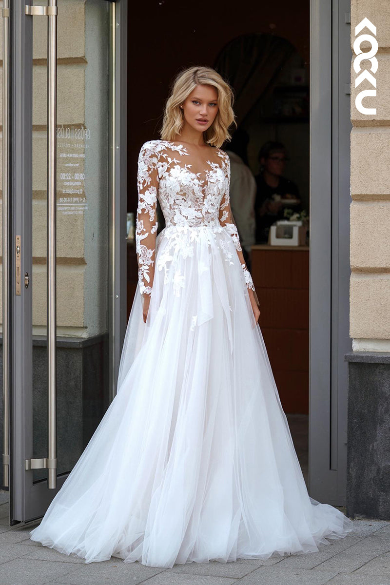 K2044 - Couture & Ornate Long Sleeves V-Neck A-line Tulle Applique Wedding Dress