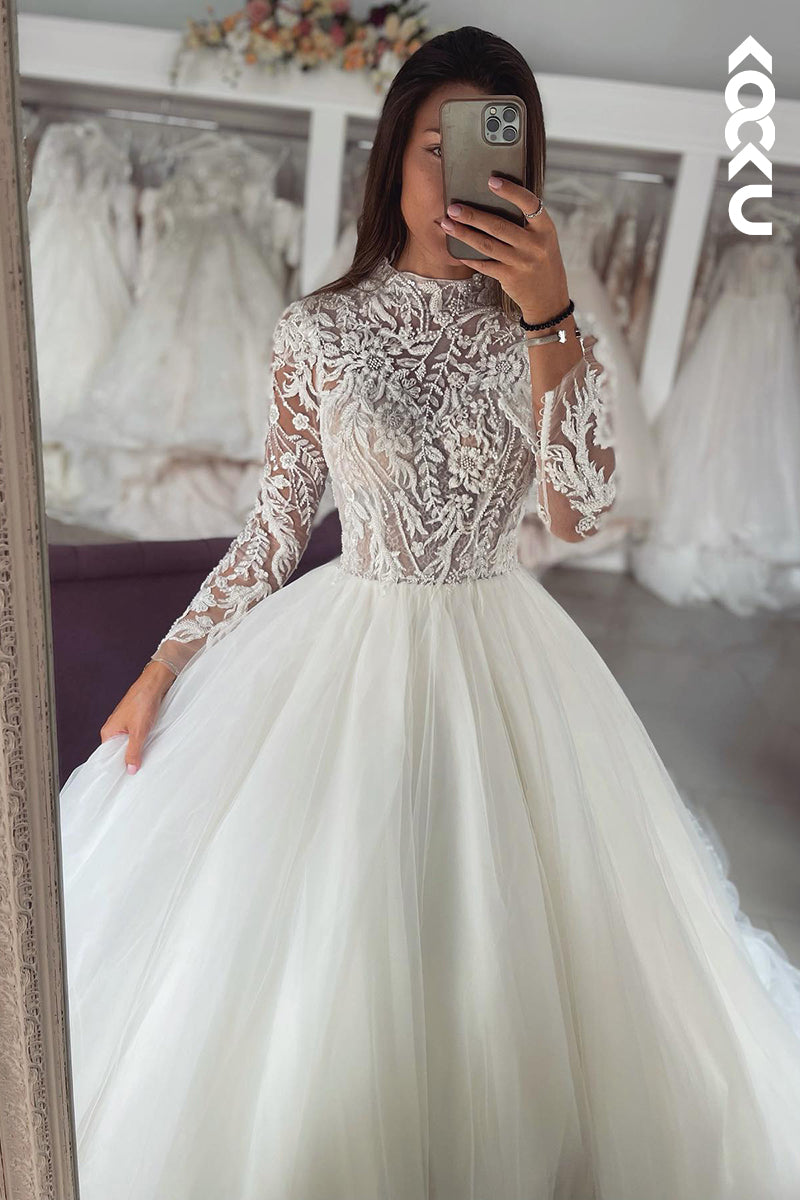 K2050 - Couture & Ornate Long Applique Sleeves High Neck A-line Tulle Wedding Dress