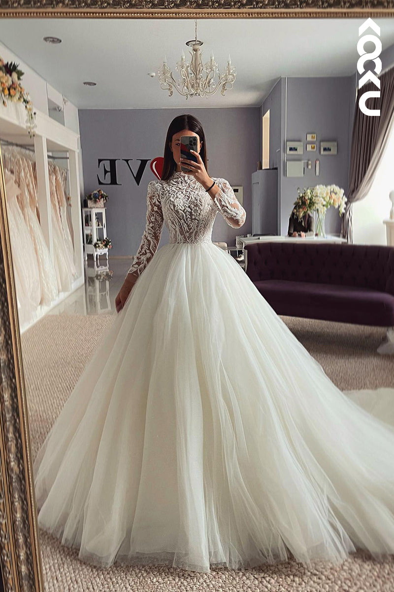 K2050 - Couture & Ornate Long Applique Sleeves High Neck A-line Tulle Wedding Dress