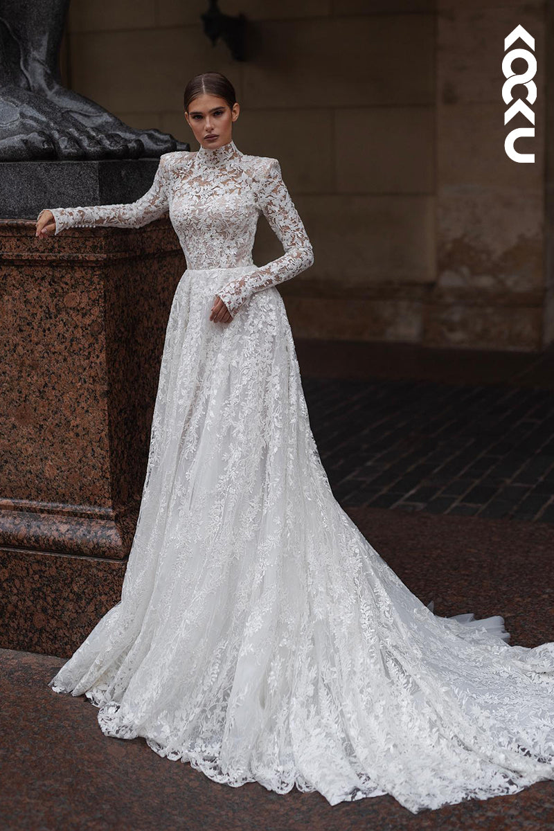 K2043 - Glamorous & Dramatic High Neck Long Sleeves A-line Applique Wedding Dress