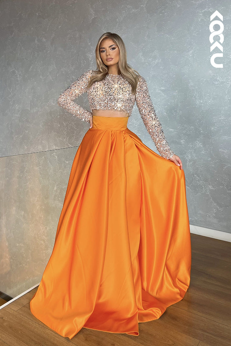 L2456 - Gorgeous & Charming Sequins Long Sleeves Ruched A-Line Formal Party Prom Dress