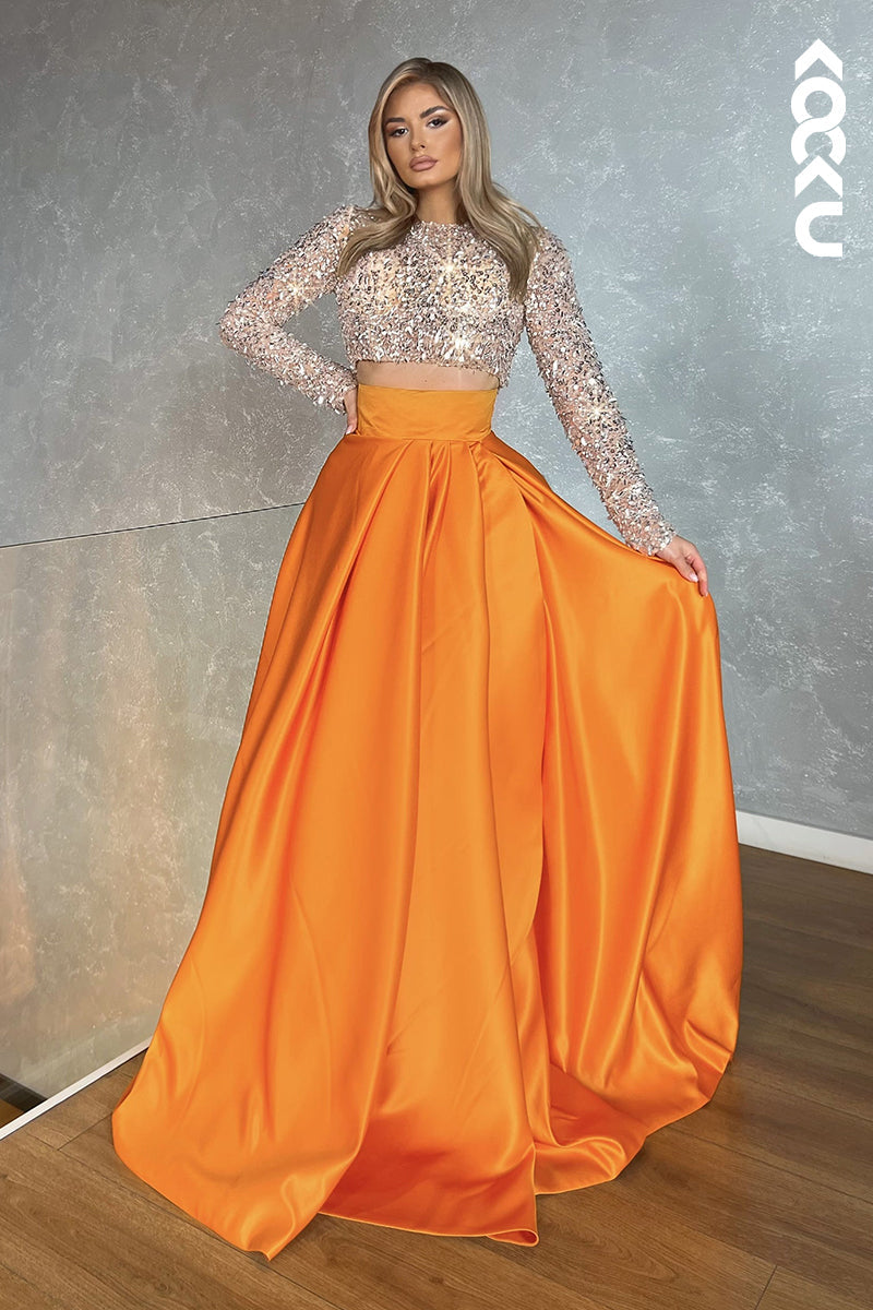 L2456 - Gorgeous & Charming Sequins Long Sleeves Ruched A-Line Formal Party Prom Dress