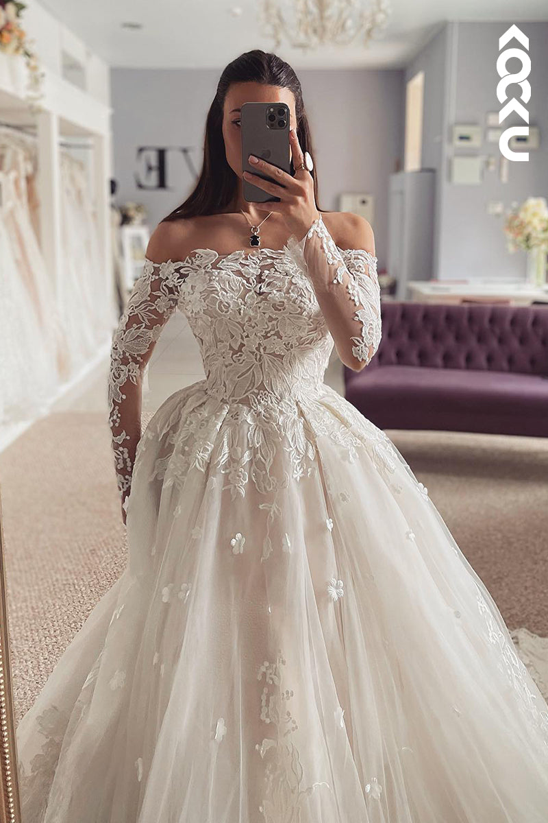 K1881 - Gorgeous & Charming Ball Gown Off-Shoulder Long Lace Sleeves Tulle Wedding Dress With Applique