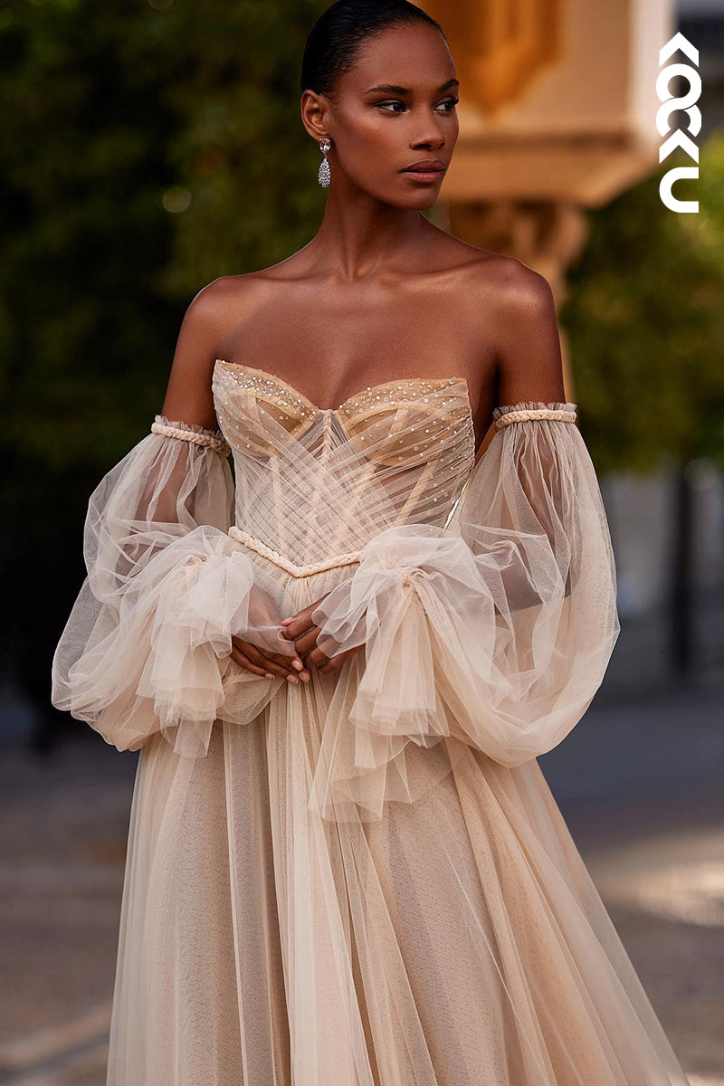 K2020 - Glamorous & Dramatic Off-Shoulder Long Sleeves A-line Tulle Wedding Dress