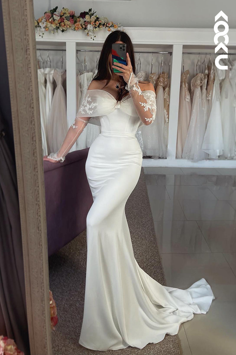 K2057 - Classic & Timeless Off-Shoulder Long Sleeves Mermaid Satin Wedding Dress