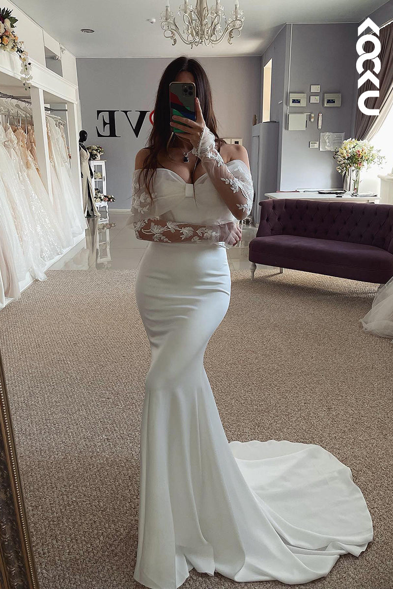 K2057 - Classic & Timeless Off-Shoulder Long Sleeves Mermaid Satin Wedding Dress