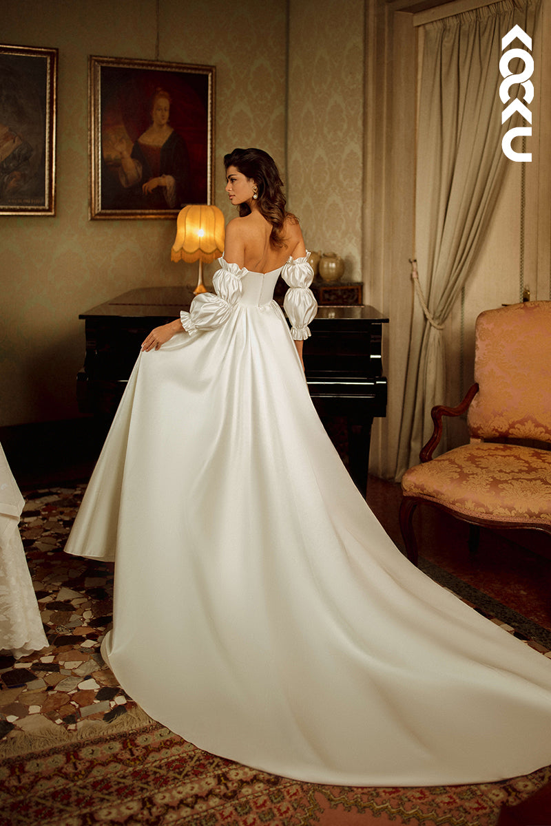 K1864 - Elegant Long Sleeves Off-Shoulder Ruched Wedding Dress With Watteau Train