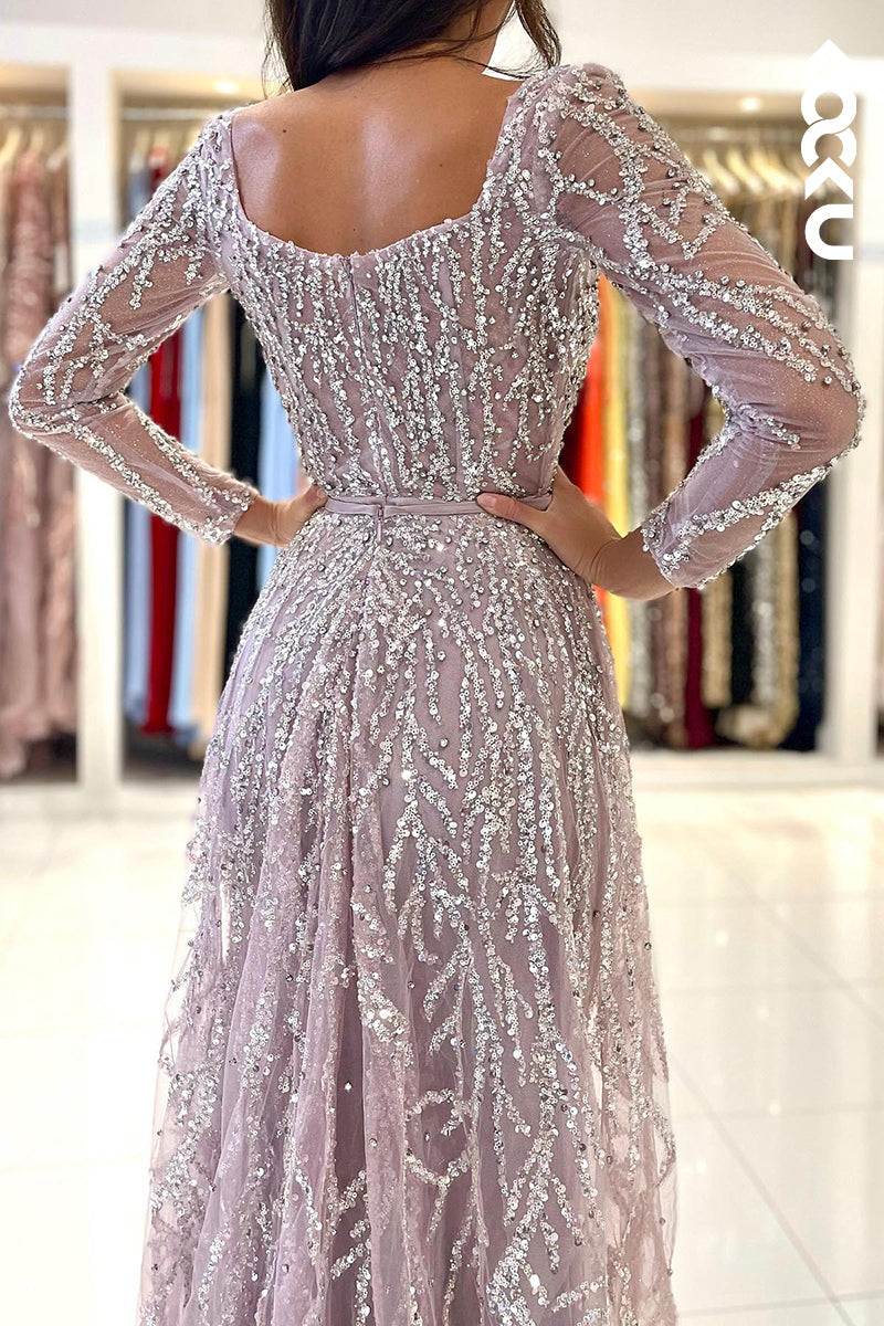 L2462 - Glamorous & Dramatic Square Long Sleeves Sparkly Mermaid Formal Party Prom Dress With FeathersDetachable