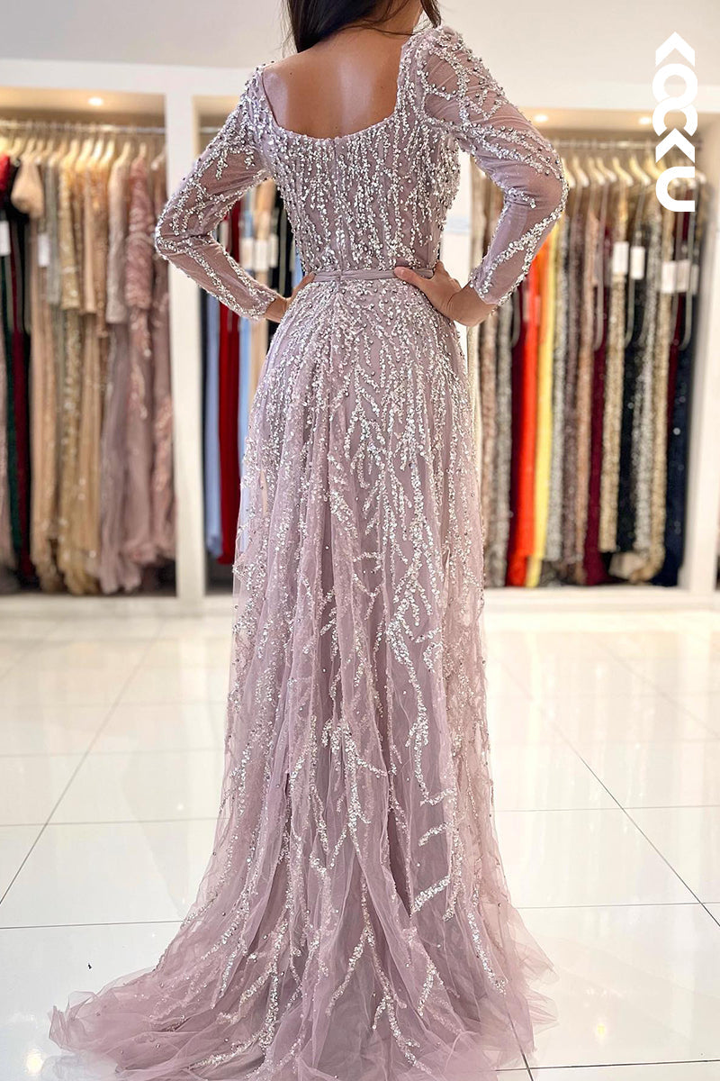 L2462 - Glamorous & Dramatic Square Long Sleeves Sparkly Mermaid Formal Party Prom Dress With FeathersDetachable