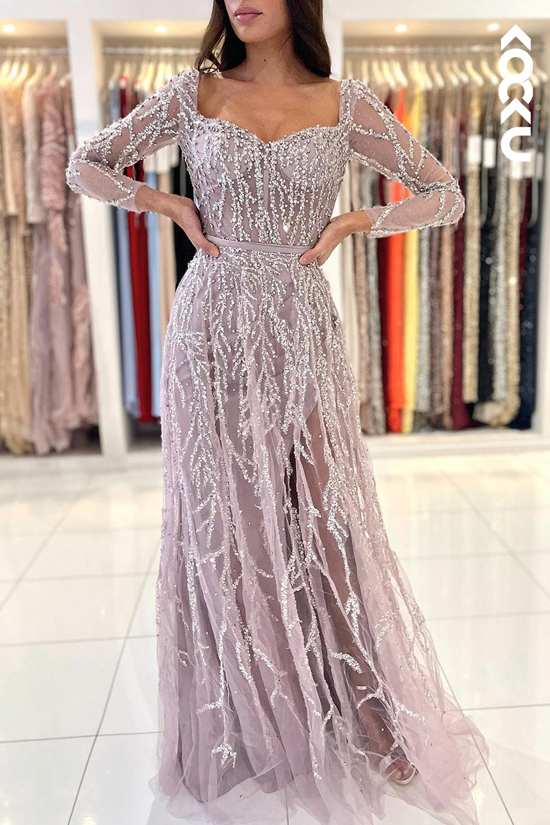 L2462 - Glamorous & Dramatic Square Long Sleeves Sparkly Mermaid Formal Party Prom Dress With FeathersDetachable