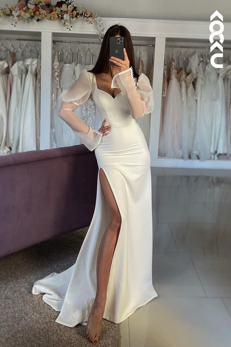 K2053 - Simple & Casual V-neck Long Sleeves Shath Side Slit Wedding Dress