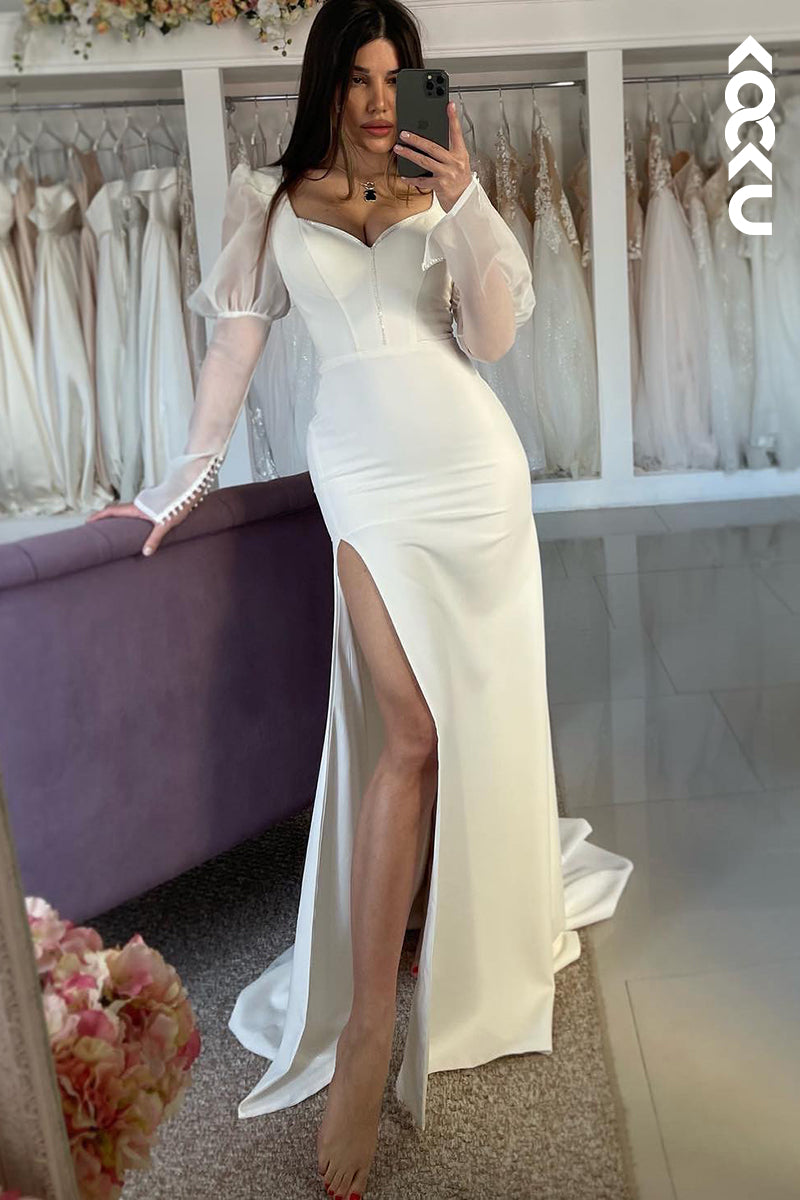 K2053 - Simple & Casual V-neck Long Sleeves Shath Side Slit Wedding Dress