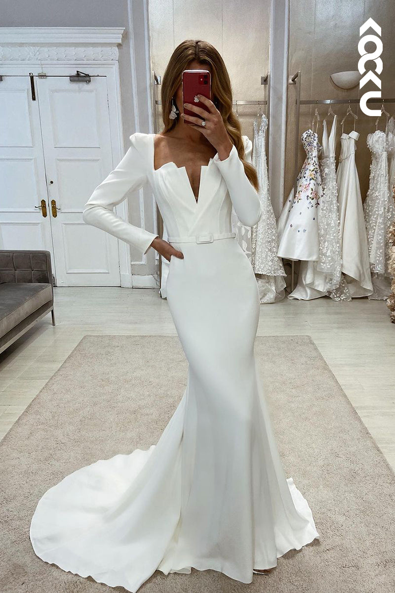 K1974 - Simple & Elegant V-neck Long Sleeves Mermaid Wedding Dress