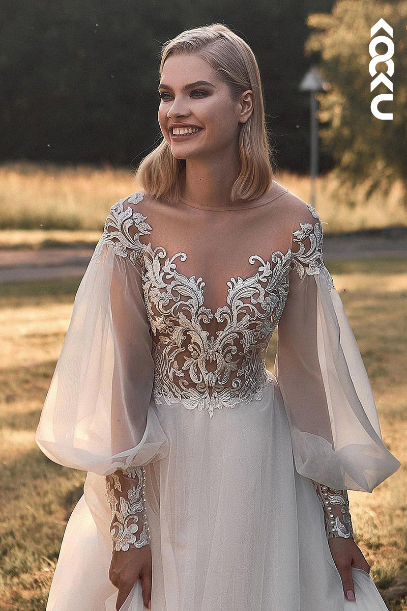 K1950 - Gorgeous & Charming V-Neck Long Lace Sleeves A-line Wedding Dress With Applique