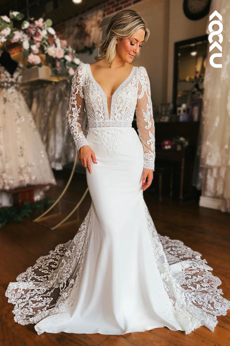 K1954 - Elegant & Luxurious V-neck Backless Long Sleeves Mermaid Wedding Dress With Applique