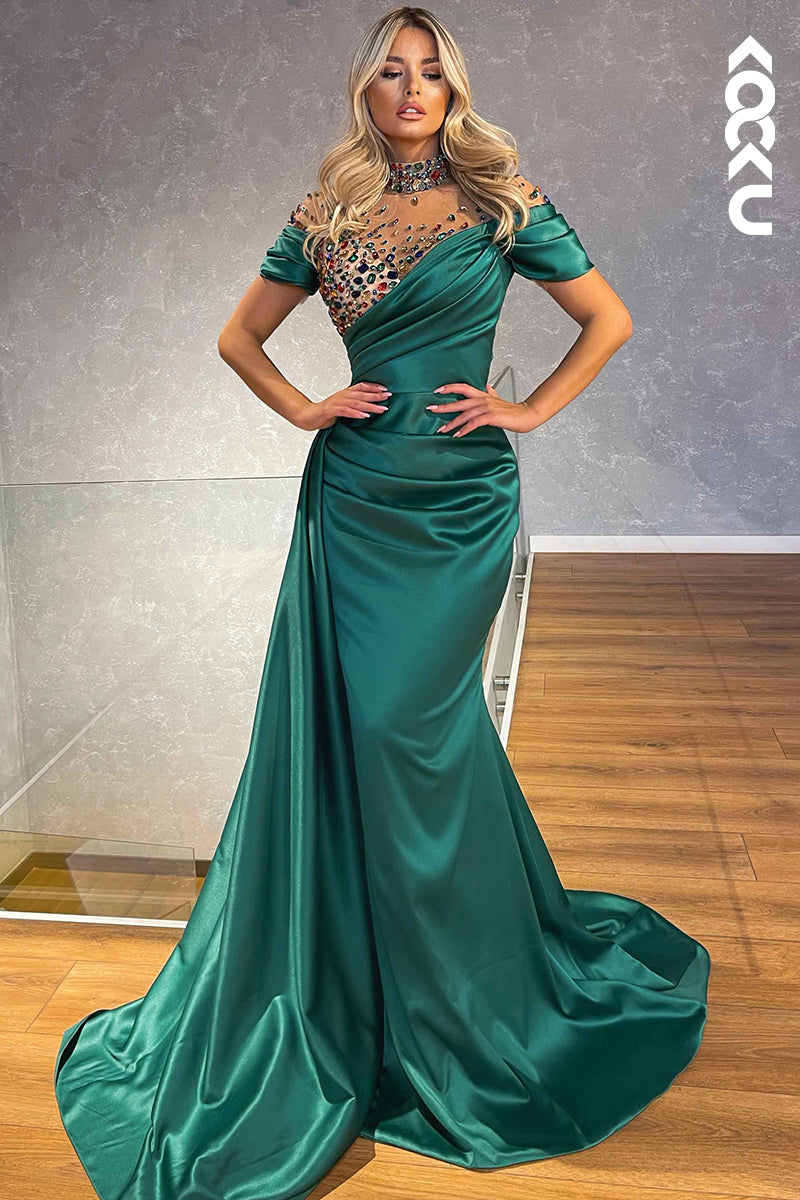 L2434 - Elegant & Luxurious High neck Short Sleeves Mermaid Ruched Formal Prom Dress With Jewel