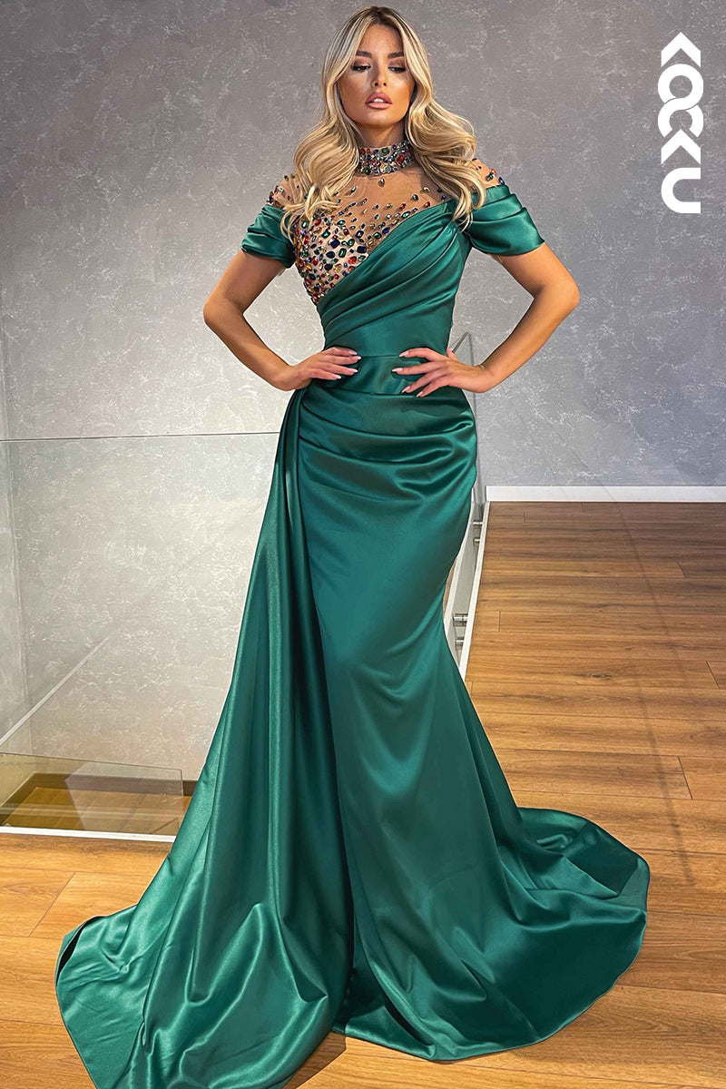 L2434 - Elegant & Luxurious High neck Short Sleeves Mermaid Ruched Formal Prom Dress With Jewel