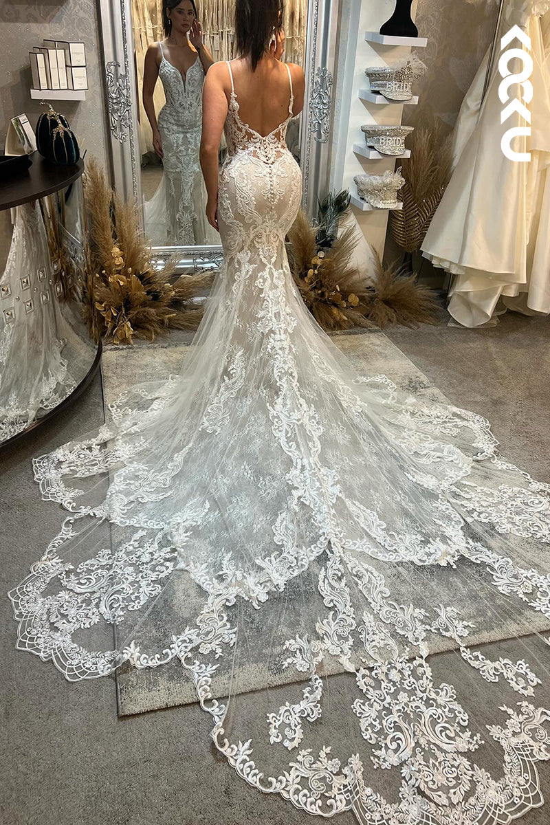 K2036 - Glamorous & Dramatic V-Neck Backless Allover Lace Applique Mermaid Wedding dress