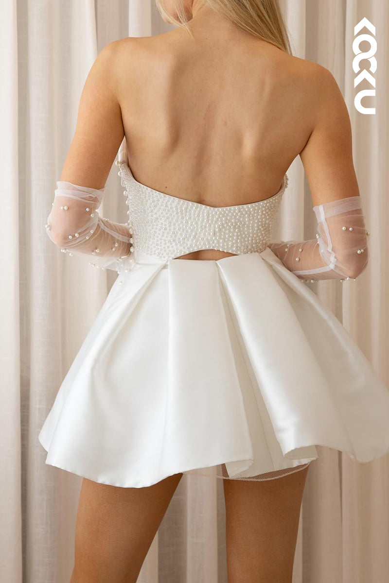 K2086 - Chic & Modern Beaded Sleeveless Off-Shoulder A-Line Mini Wedding Dress