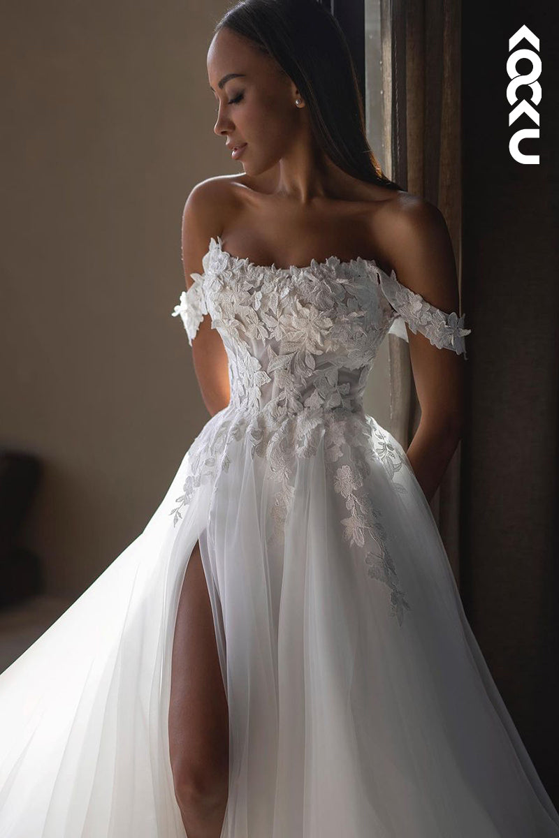 K1944 - Gorgeous & Charming Off-Shoulder Cap Sleeves A-Line Tulle Wedding Dress With Applique