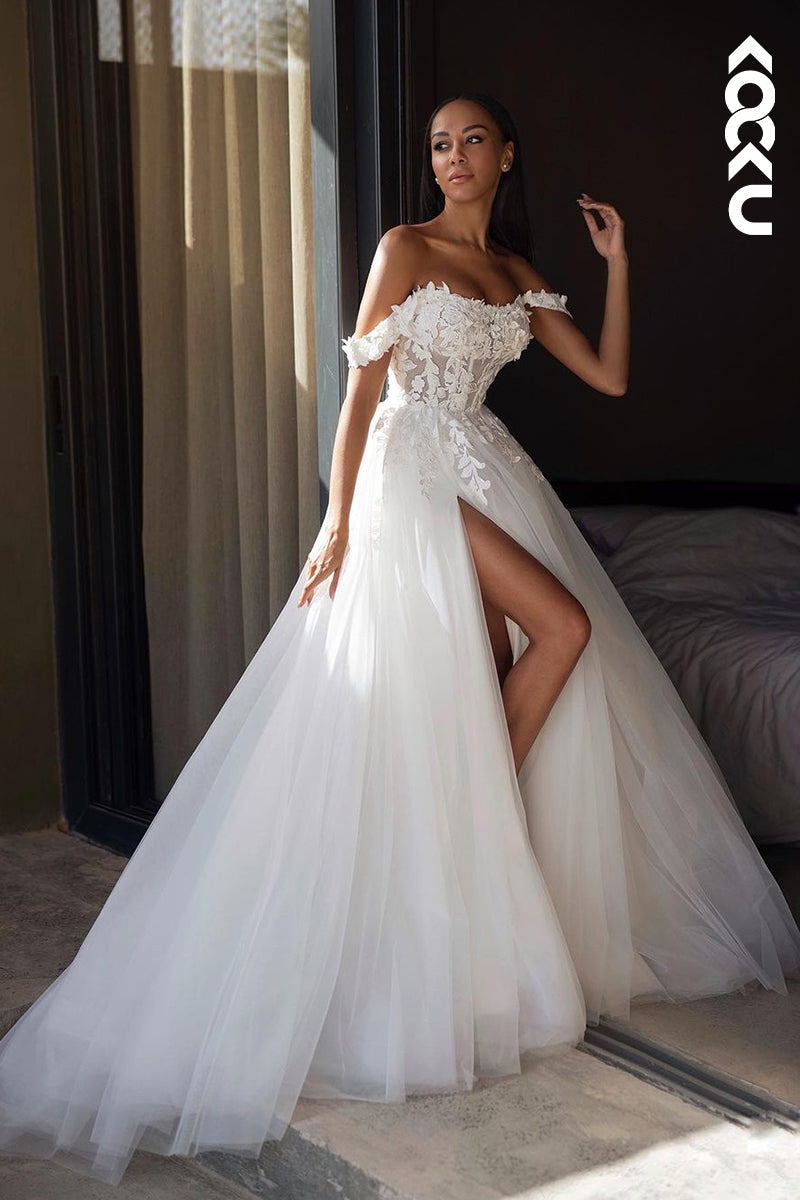 K1944 - Gorgeous & Charming Off-Shoulder Cap Sleeves A-Line Tulle Wedding Dress With Applique