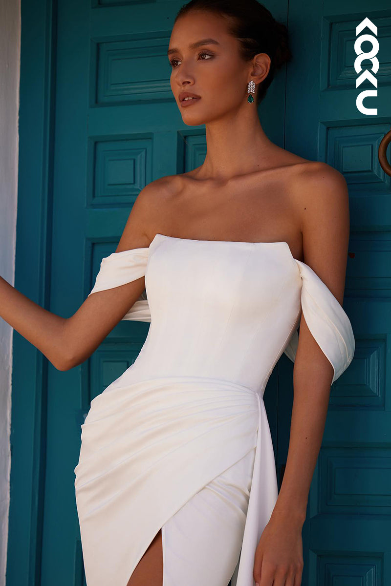 K2017 - Simple & Elegant Off-Shoulder Cap Sleeves Side Slit Sheath Wedding Dress