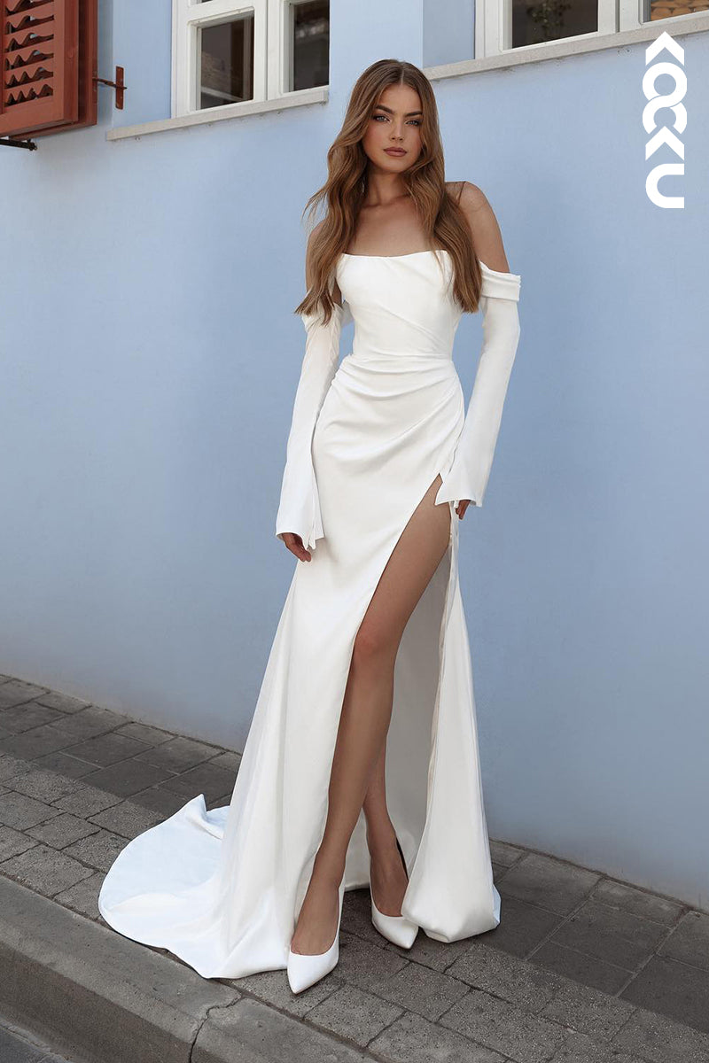 K2014 - Couture & Classic Off-Shoulder Long Sleeves Mermaid Side Slit Wedding Dress