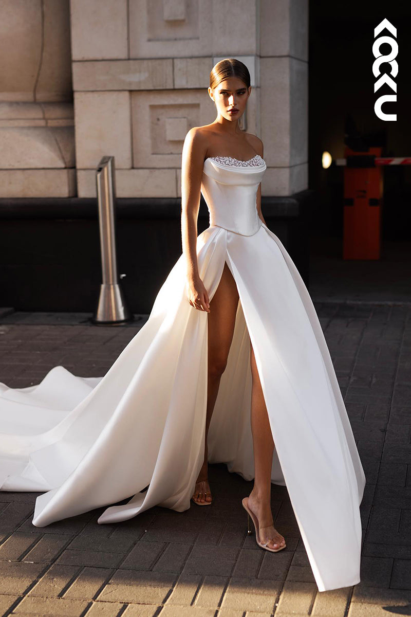 K2048 - Couture & Ornate Off-Shoulder Sleeveless A-line Side Slit Beded Wedding Dress