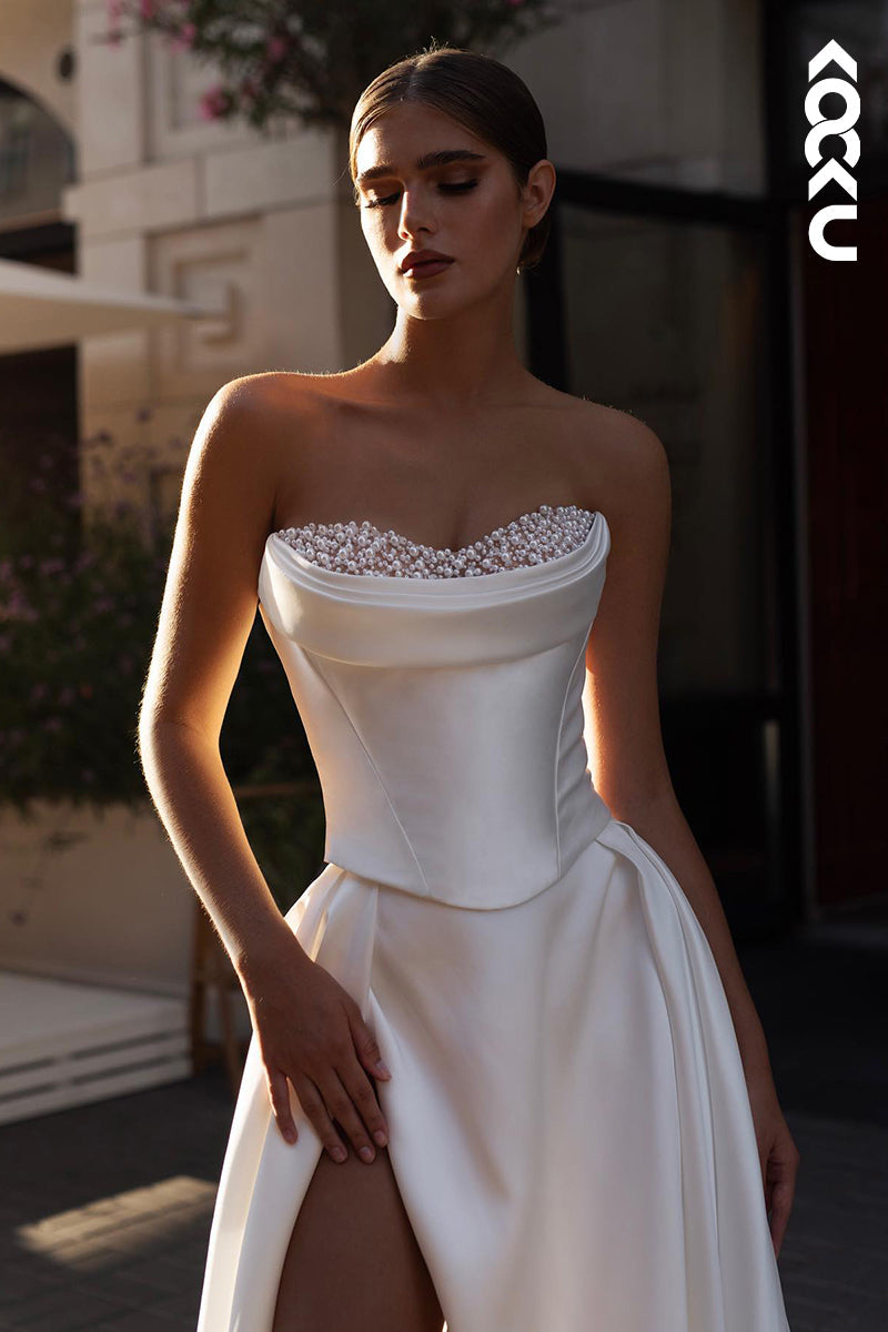 K2048 - Couture & Ornate Off-Shoulder Sleeveless A-line Side Slit Beded Wedding Dress