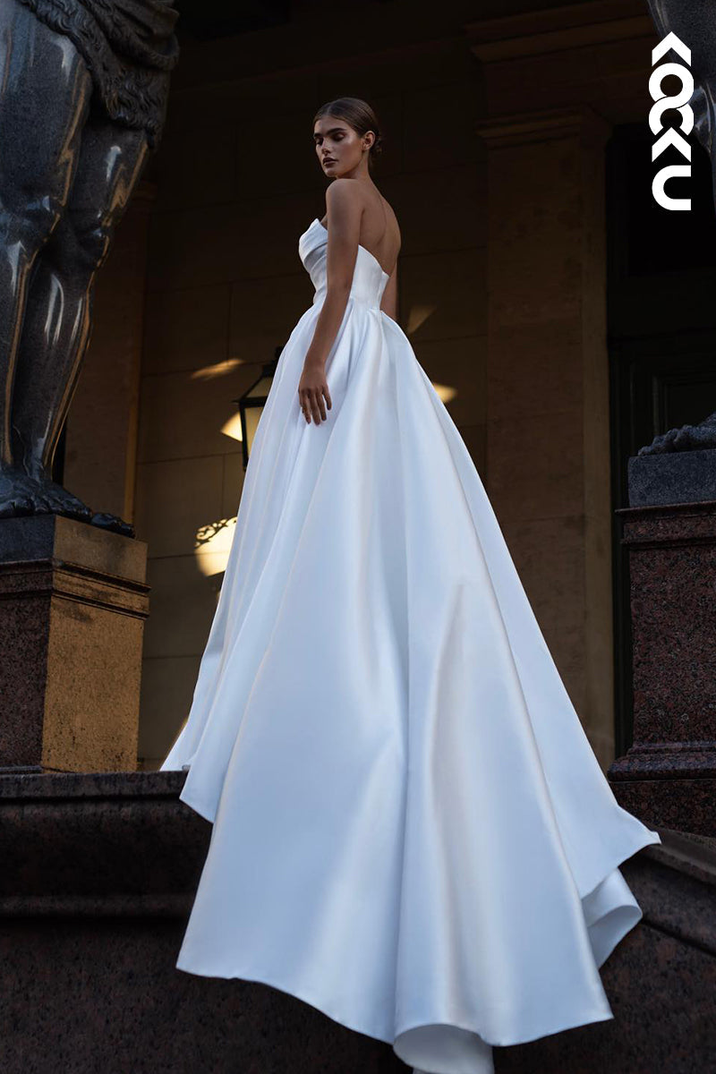 K2046 - Classic & Timeless Off-Shoulder Sleeveless A-line Satin Side Slit Wedding Dress